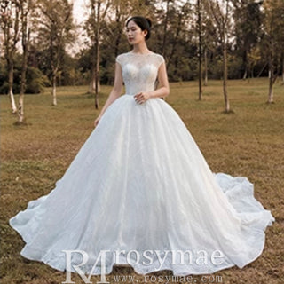 Modest Ball Gown Sparkly Wedding Dress with Keyhole Back - Rosymae