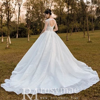 Modest Ball Gown Sparkly Wedding Dress with Keyhole Back - Rosymae