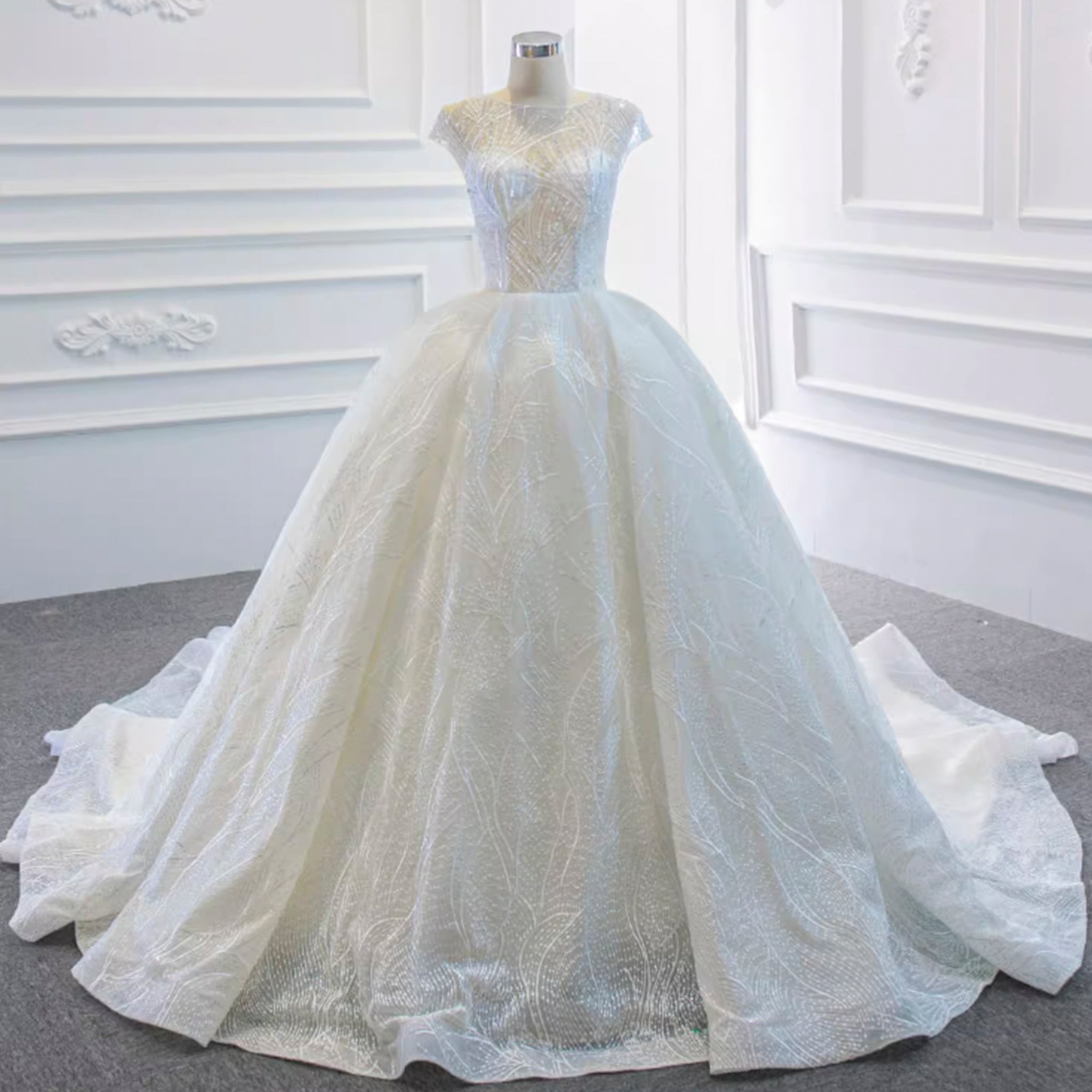 Modest Ball Gown Sparkly Wedding Dress with Keyhole Back - Rosymae
