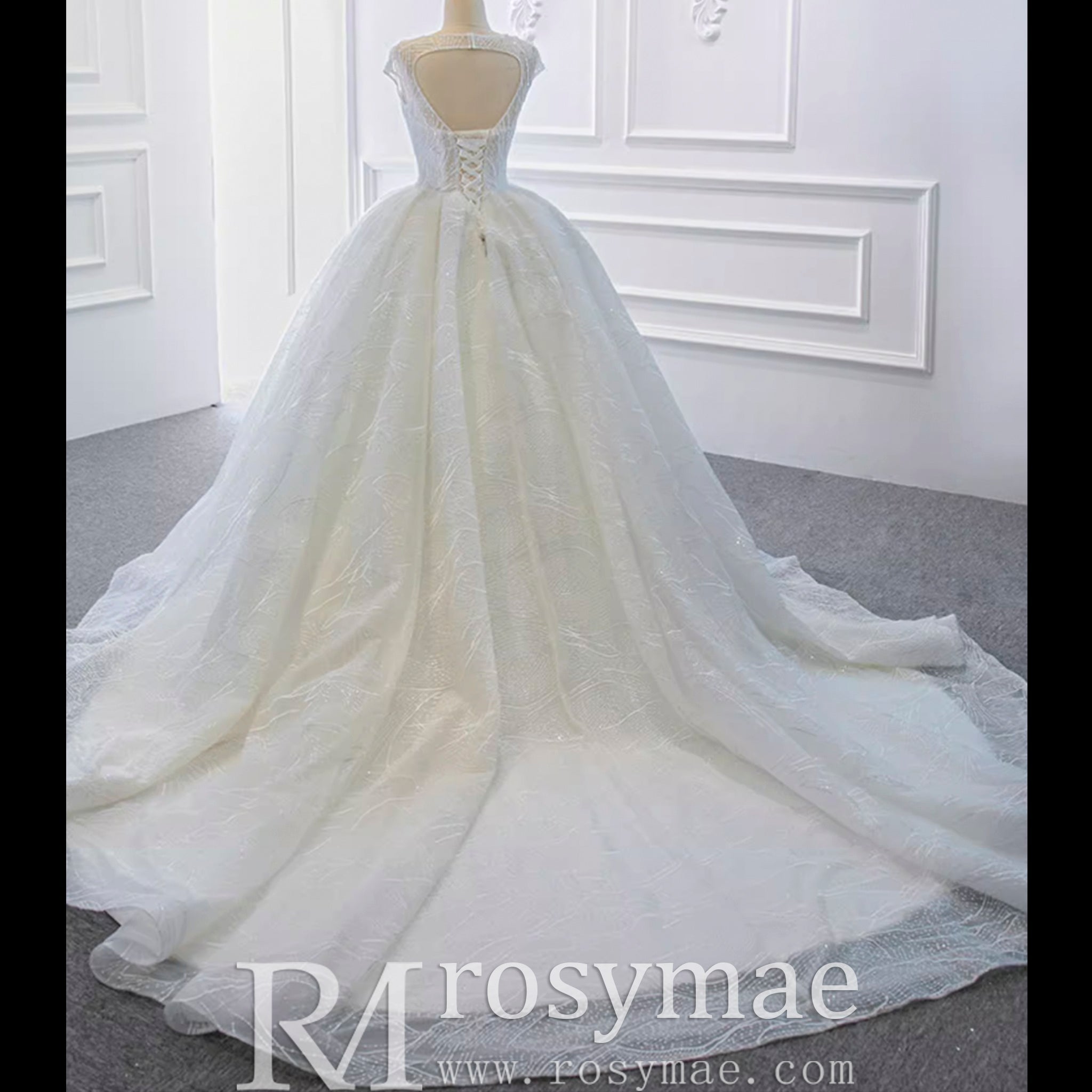 Modest Ball Gown Sparkly Wedding Dress with Keyhole Back - Rosymae