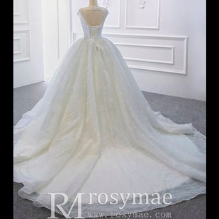 Modest Ball Gown Sparkly Wedding Dress with Keyhole Back - Rosymae