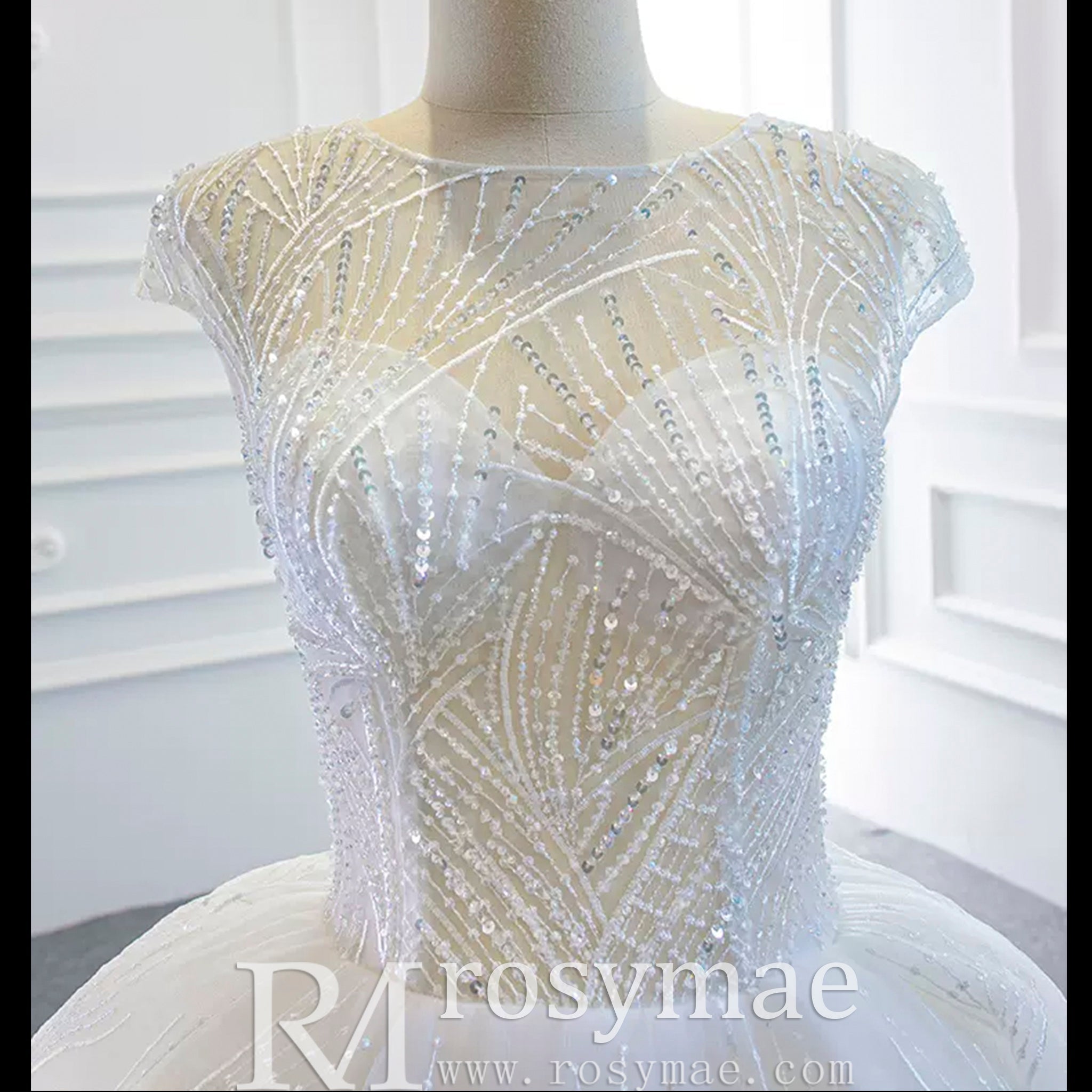 Modest Ball Gown Sparkly Wedding Dress with Keyhole Back - Rosymae