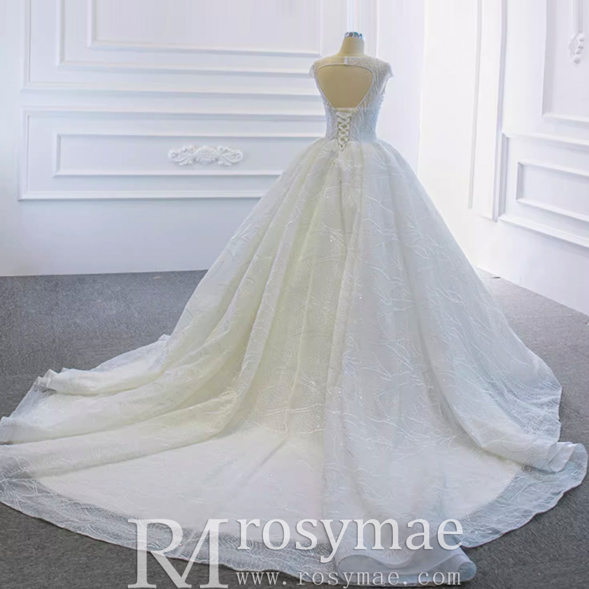 Modest Ball Gown Sparkly Wedding Dress with Keyhole Back - Rosymae