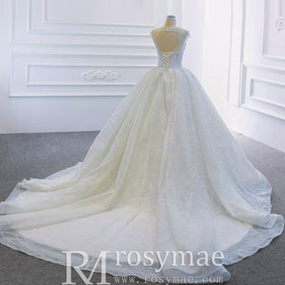 Modest Ball Gown Sparkly Wedding Dress with Keyhole Back - Rosymae