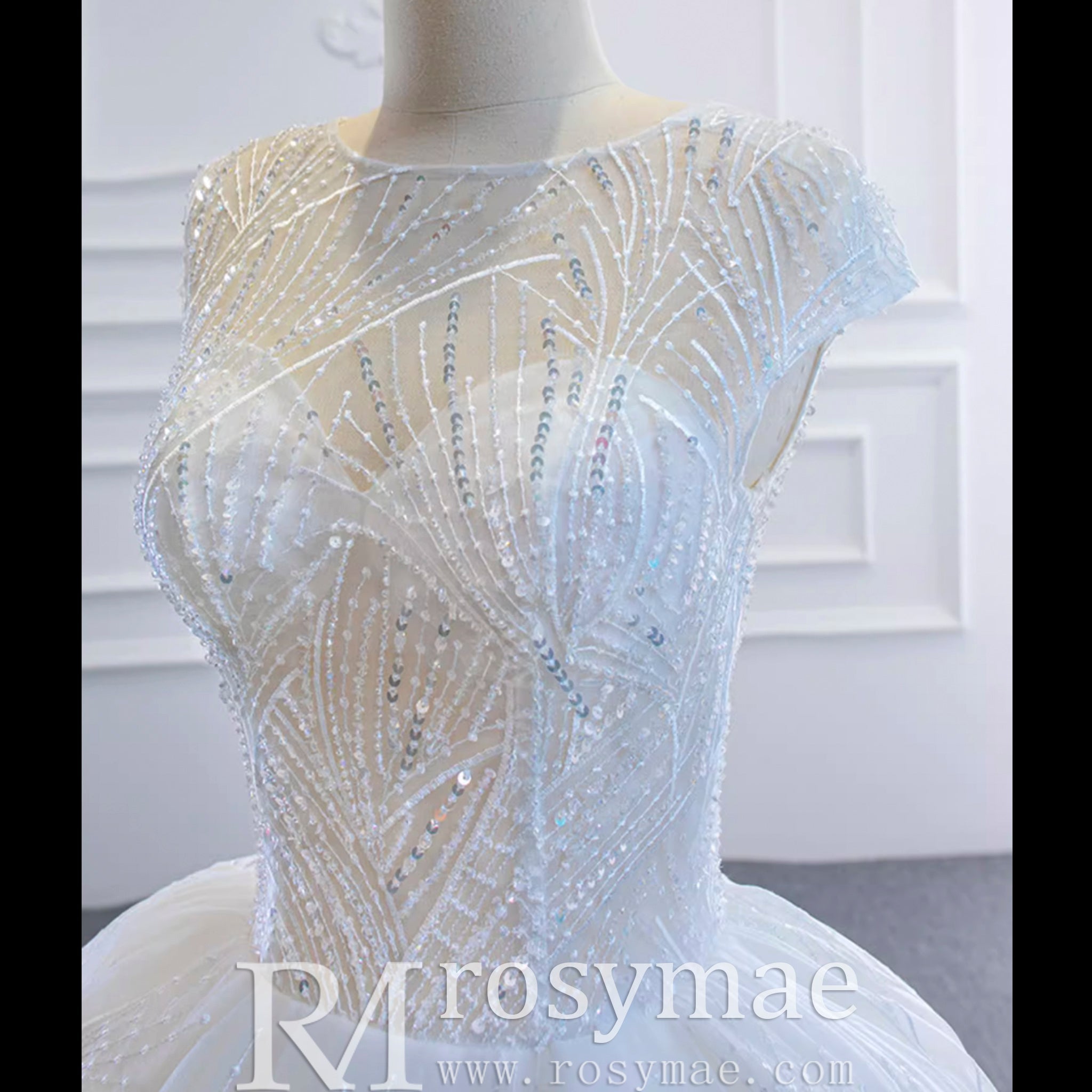 Modest Ball Gown Sparkly Wedding Dress with Keyhole Back - Rosymae