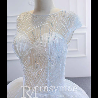 Modest Ball Gown Sparkly Wedding Dress with Keyhole Back - Rosymae