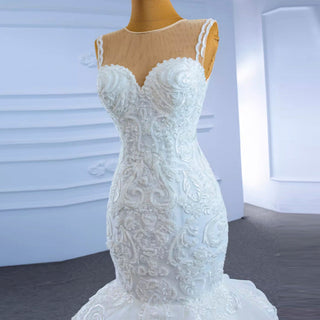 Modest Beaded Lace Ruffled Mermaid Wedding Dress with High Back - Rosymae