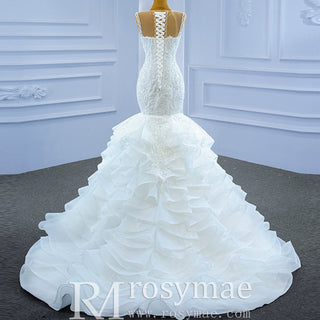 Modest Beaded Lace Ruffled Mermaid Wedding Dress with High Back - Rosymae
