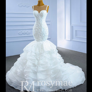 Modest Beaded Lace Ruffled Mermaid Wedding Dress with High Back - Rosymae