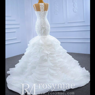 Modest Beaded Lace Ruffled Mermaid Wedding Dress with High Back - Rosymae