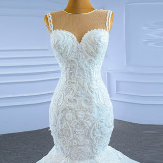 Modest Beaded Lace Ruffled Mermaid Wedding Dress with High Back - Rosymae
