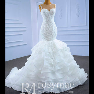 Modest Beaded Lace Ruffled Mermaid Wedding Dress with High Back - Rosymae