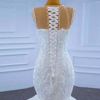 Modest Beaded Lace Ruffled Mermaid Wedding Dress with High Back - Rosymae