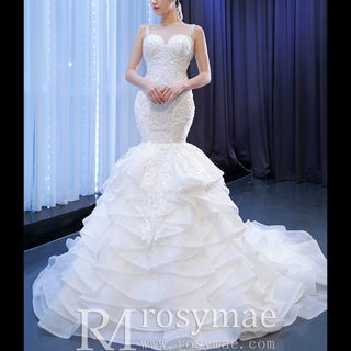 Modest Beaded Lace Ruffled Mermaid Wedding Dress with High Back - Rosymae