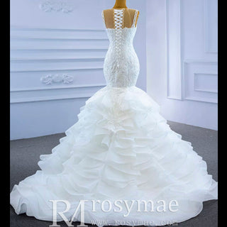 Modest Beaded Lace Ruffled Mermaid Wedding Dress with High Back - Rosymae