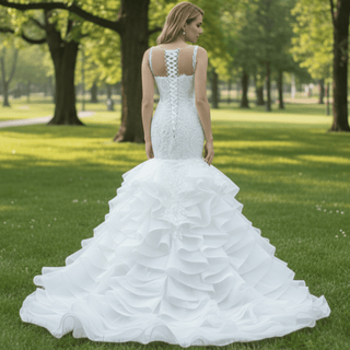 Modest Beaded Lace Ruffled Mermaid Wedding Dress with High Back - Rosymae
