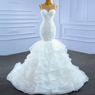 Modest Beaded Lace Ruffled Mermaid Wedding Dress with High Back - Rosymae