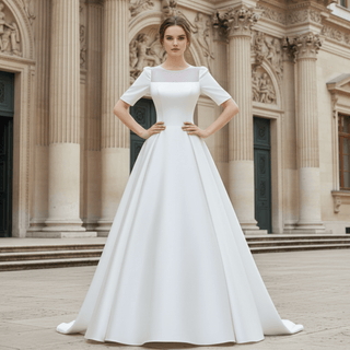 Modest Half Sleeve Satin Wedding Dresses Bridal Gown for Women - Rosymae