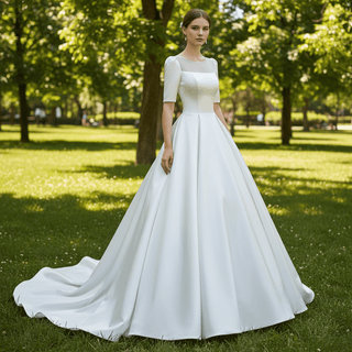 Modest Half Sleeve Satin Wedding Dresses Bridal Gown for Women - Rosymae