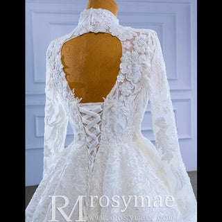 Modest High Neck and Keyhole Wedding Dress with Long Sleeves - Rosymae