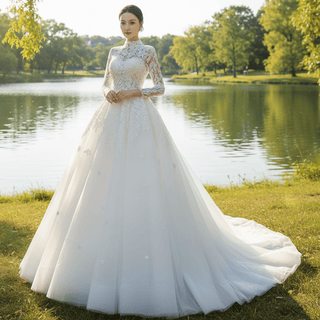 Modest High Neck and Keyhole Wedding Dress with Long Sleeves - Rosymae