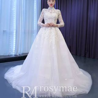 Modest High Neck and Keyhole Wedding Dress with Long Sleeves - Rosymae