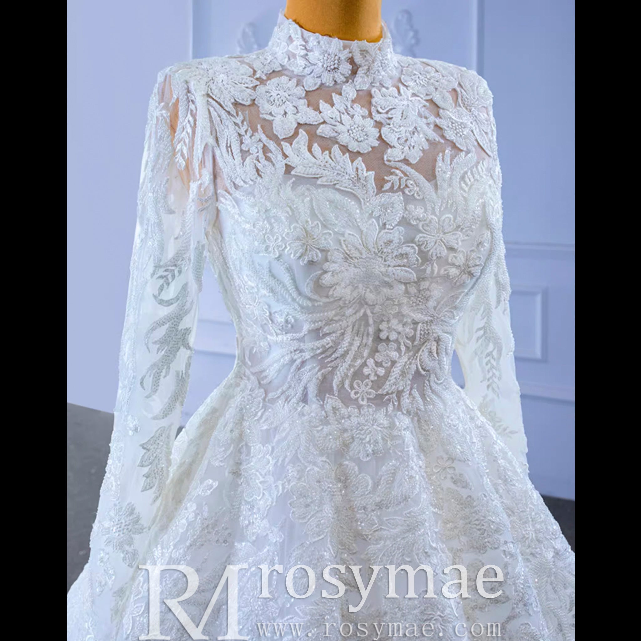 Modest High Neck and Keyhole Wedding Dress with Long Sleeves - Rosymae