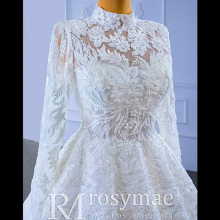 Modest High Neck and Keyhole Wedding Dress with Long Sleeves - Rosymae