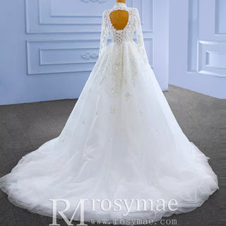 Modest High Neck and Keyhole Wedding Dress with Long Sleeves - Rosymae
