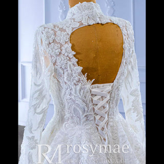 Modest High Neck and Keyhole Wedding Dress with Long Sleeves - Rosymae