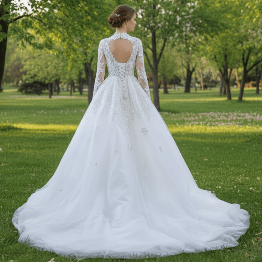 Modest High Neck and Keyhole Wedding Dress with Long Sleeves - Rosymae