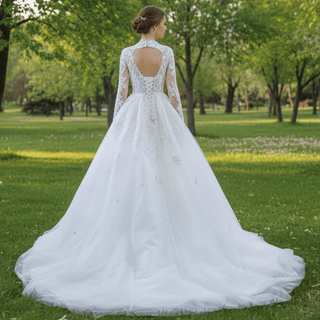 Modest High Neck and Keyhole Wedding Dress with Long Sleeves - Rosymae