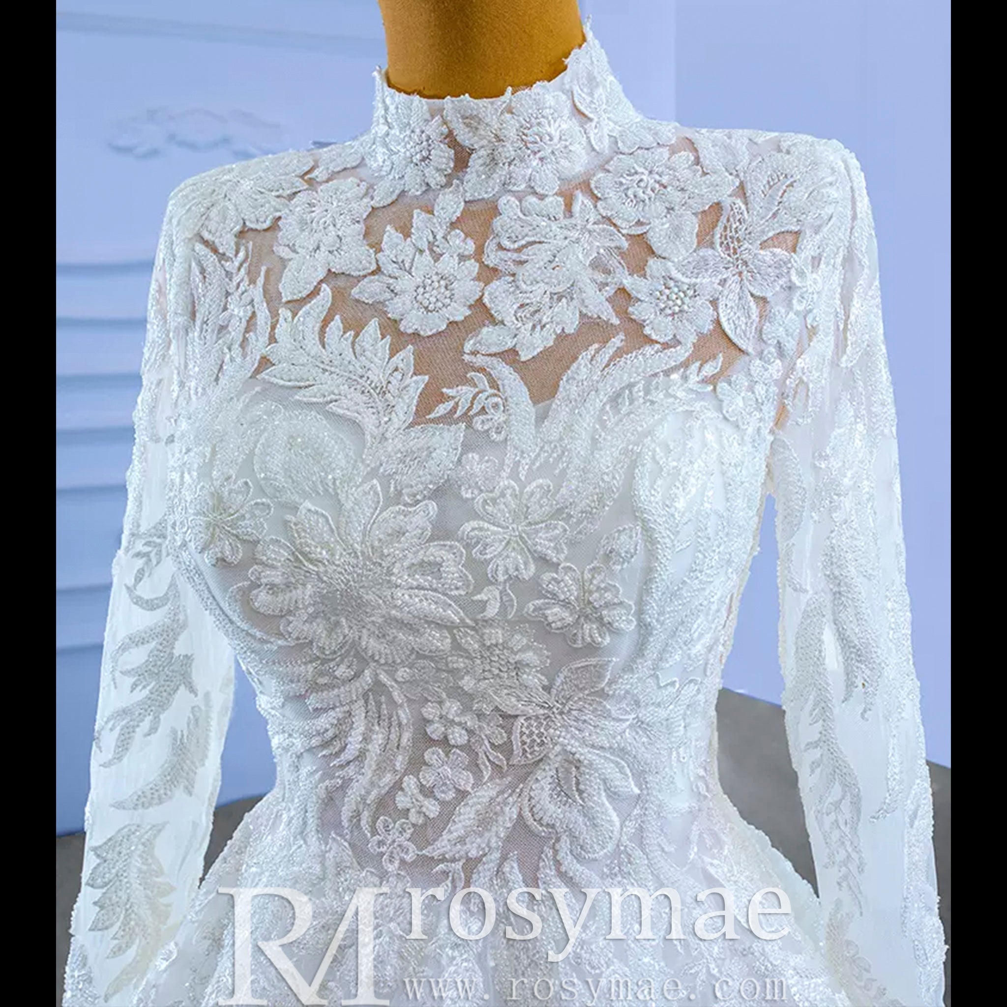 Modest High Neck and Keyhole Wedding Dress with Long Sleeves - Rosymae
