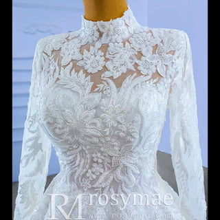 Modest High Neck and Keyhole Wedding Dress with Long Sleeves - Rosymae