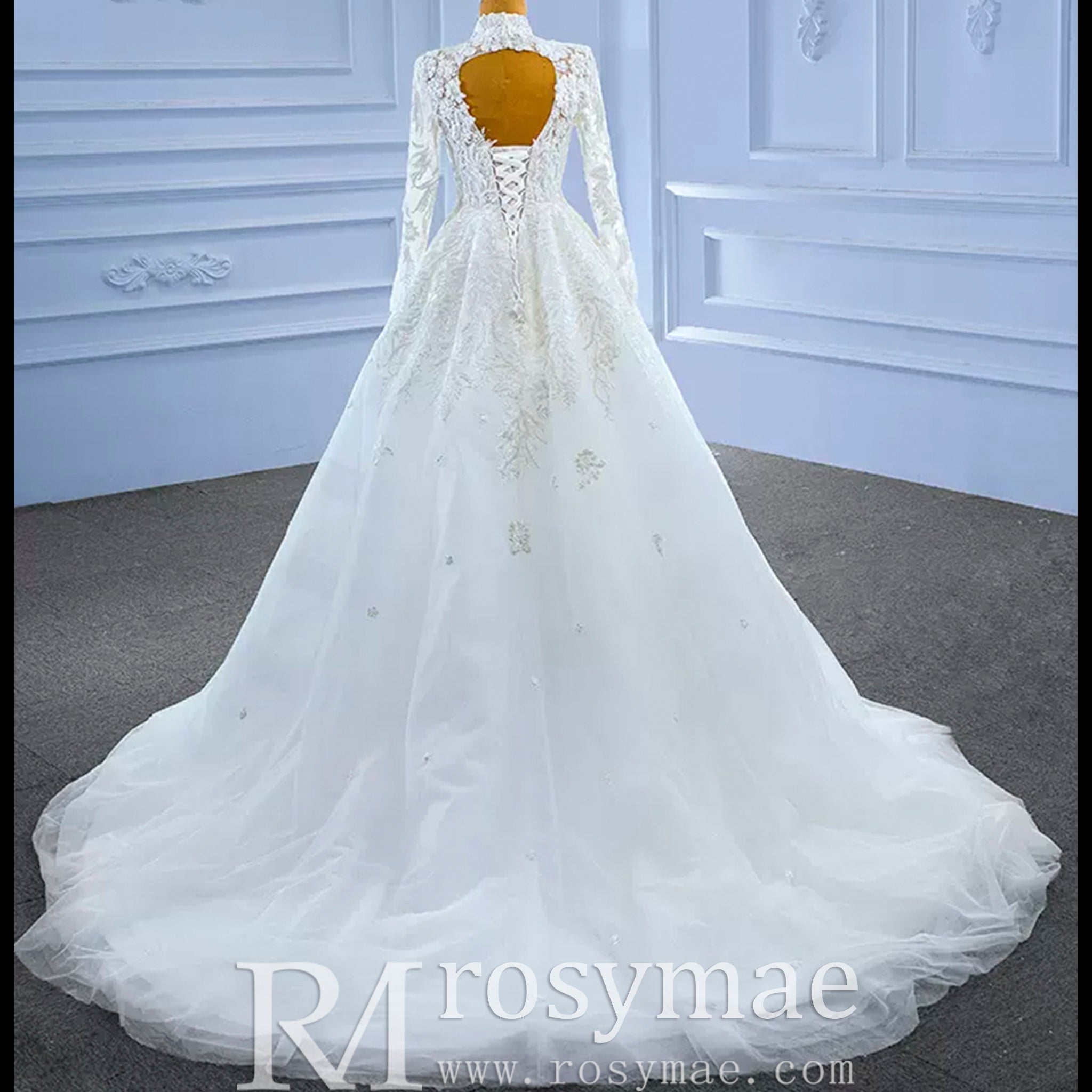 Modest High Neck and Keyhole Wedding Dress with Long Sleeves - Rosymae