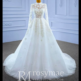 Modest High Neck and Keyhole Wedding Dress with Long Sleeves - Rosymae