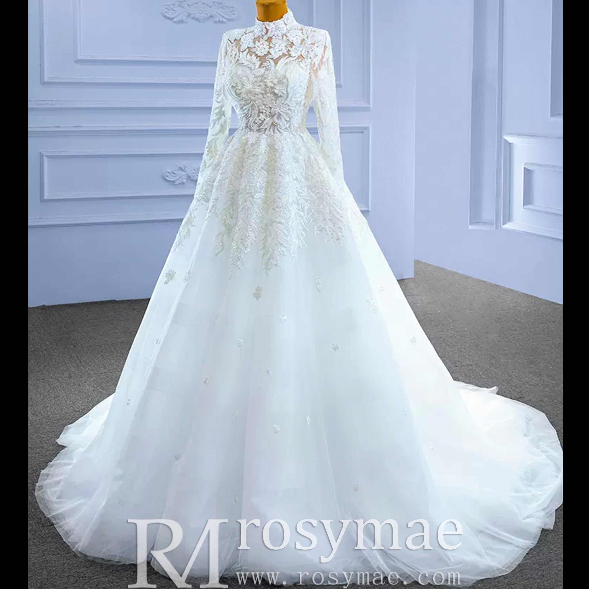 Modest High Neck and Keyhole Wedding Dress with Long Sleeves - Rosymae
