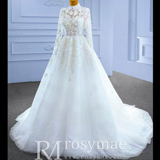 Modest High Neck and Keyhole Wedding Dress with Long Sleeves - Rosymae