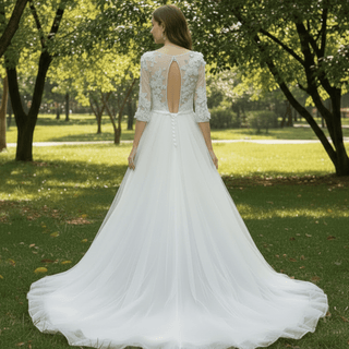Modest Illusion A Line Wedding Dresses & Gowns with 3/4 Sleeves - Rosymae