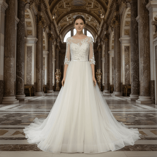 Modest Illusion A Line Wedding Dresses & Gowns with 3/4 Sleeves - Rosymae