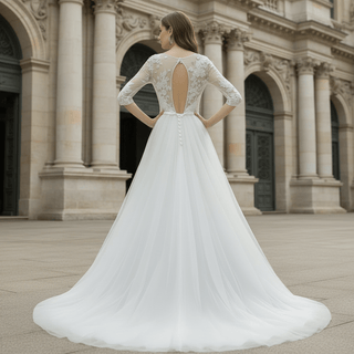 Modest Illusion A Line Wedding Dresses & Gowns with 3/4 Sleeves - Rosymae