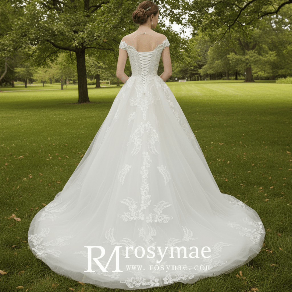 Modest Lace Ball Gown Wedding Dress with Cap Sleeves - Rosymae