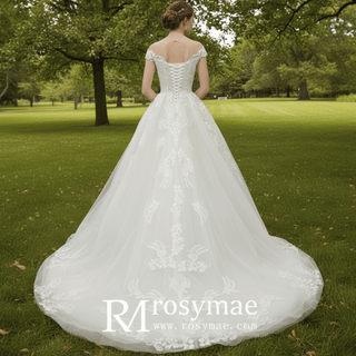 Modest Lace Ball Gown Wedding Dress with Cap Sleeves - Rosymae