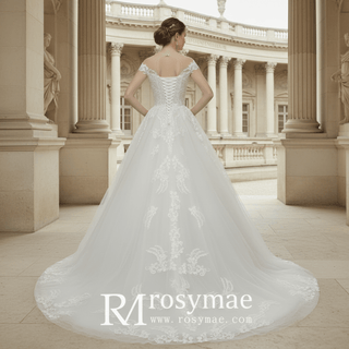 Modest Lace Ball Gown Wedding Dress with Cap Sleeves - Rosymae