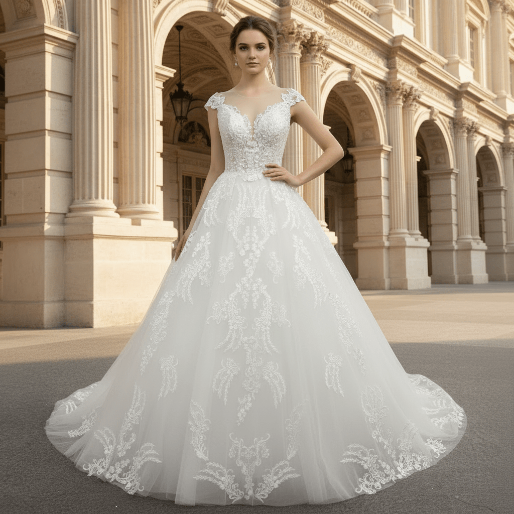 Modest Lace Ball Gown Wedding Dress with Cap Sleeves - Rosymae