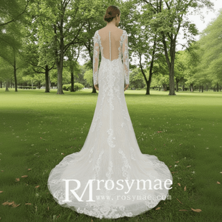 Modest Lace Bridal Gowns Long Sleeve Champagne Wedding Dress - Rosymae