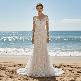 Modest Lace Bridal Gowns Long Sleeve Champagne Wedding Dress - Rosymae