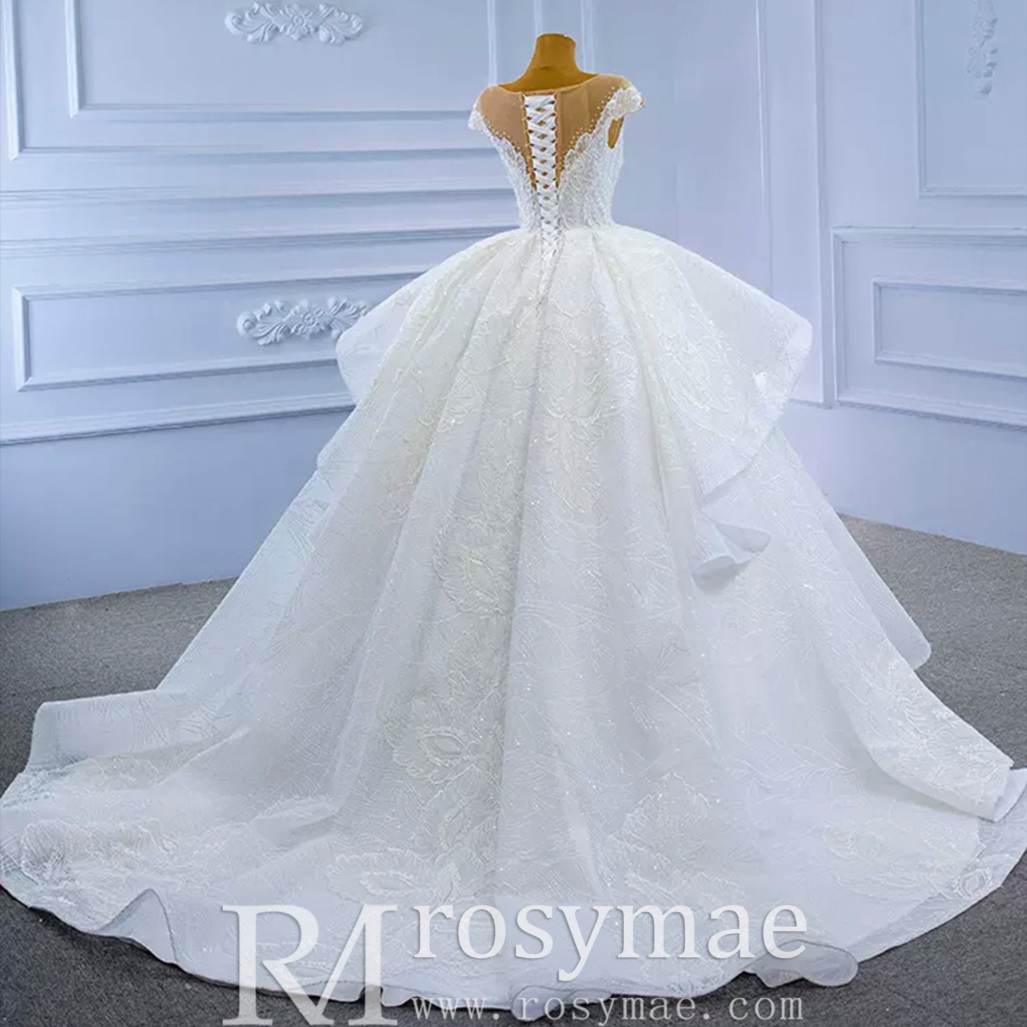 Modest Lace Ruffle Ball Gown Wedding Dress with Cap Sleeve - Rosymae