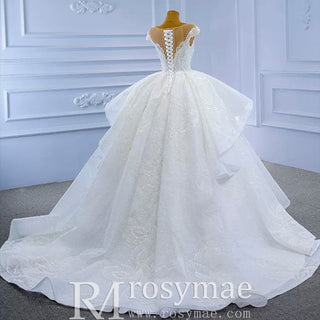 Modest Lace Ruffle Ball Gown Wedding Dress with Cap Sleeve - Rosymae