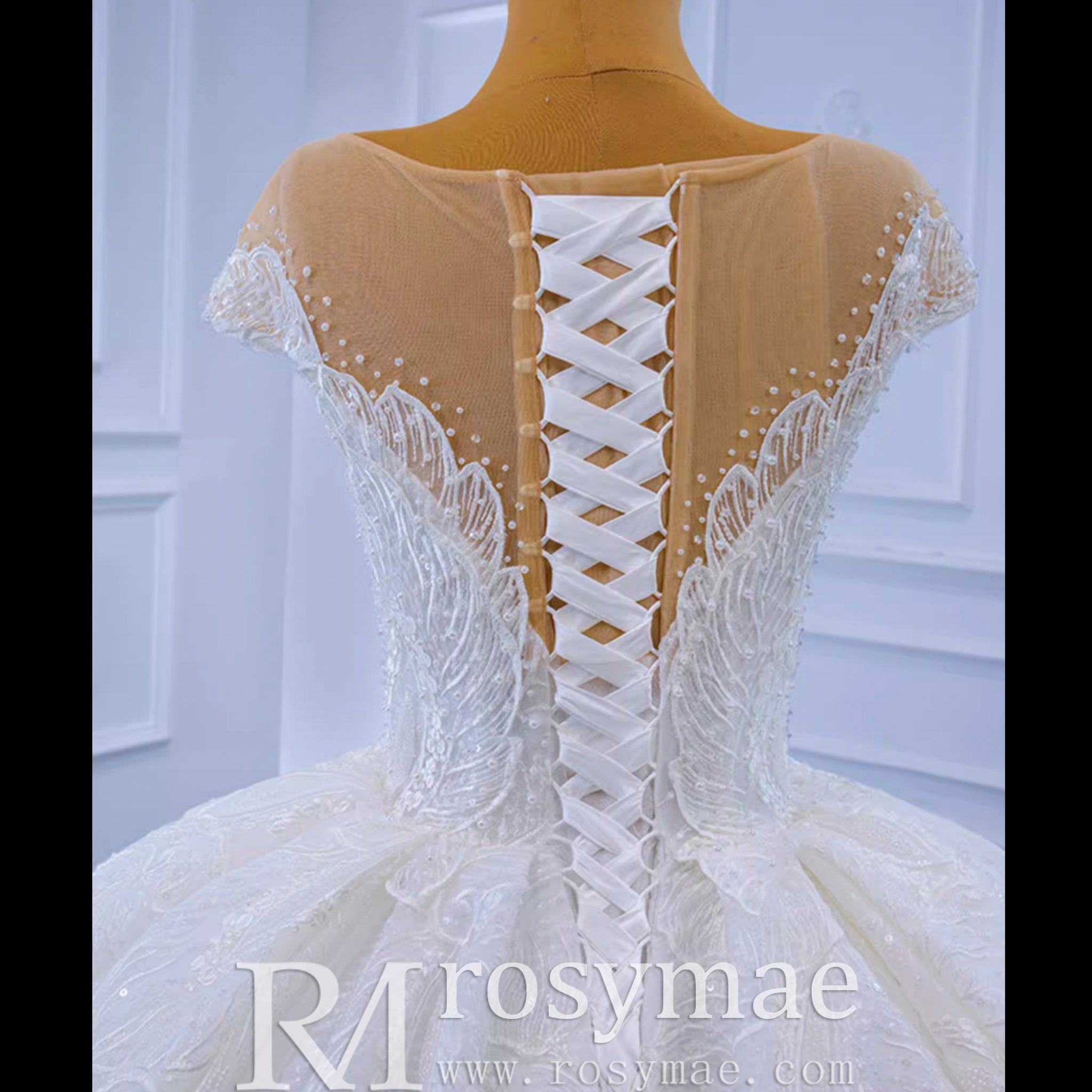 Modest Lace Ruffle Ball Gown Wedding Dress with Cap Sleeve - Rosymae